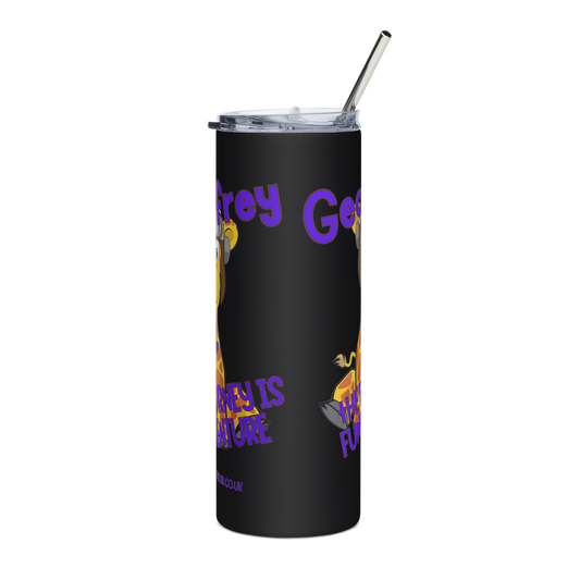 ProductFlying Fund Raiser stainless steel tumbler in black — front — Giraffes On Tour mockup