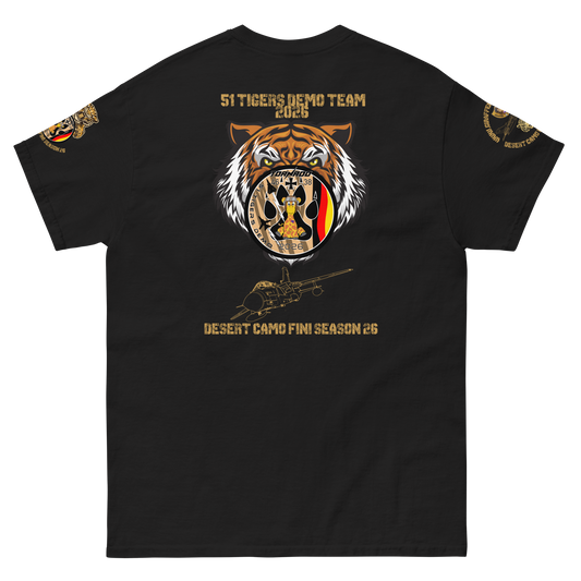 A black short-sleeve crewneck t-shirt with a detailed 51 Desert patch tiger graphic on the left chest and gold military-style patches on both sleeves, displayed on a solid white background.