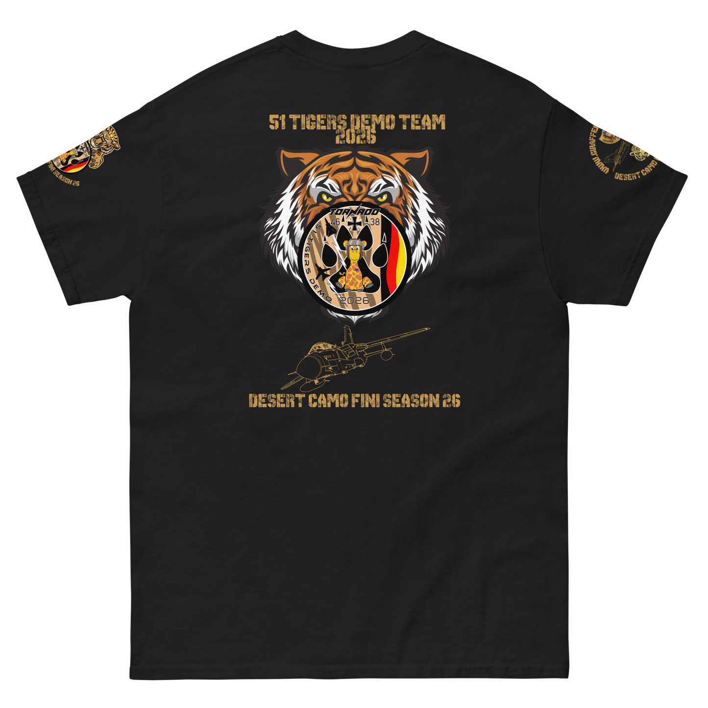 A black short-sleeve crewneck t-shirt with a detailed 51 Desert patch tiger graphic on the left chest and gold military-style patches on both sleeves, displayed on a solid white background.