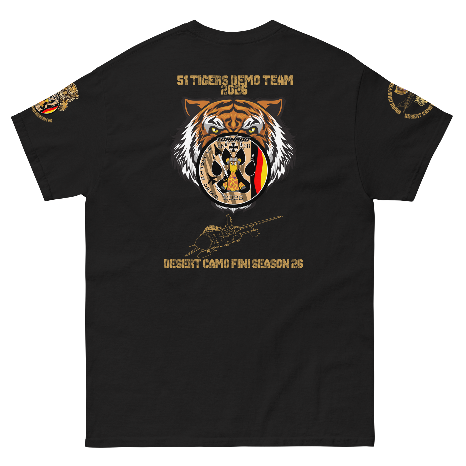 A black short-sleeve crewneck t-shirt with a detailed 51 Desert patch tiger graphic on the left chest and gold military-style patches on both sleeves, displayed on a solid white background.