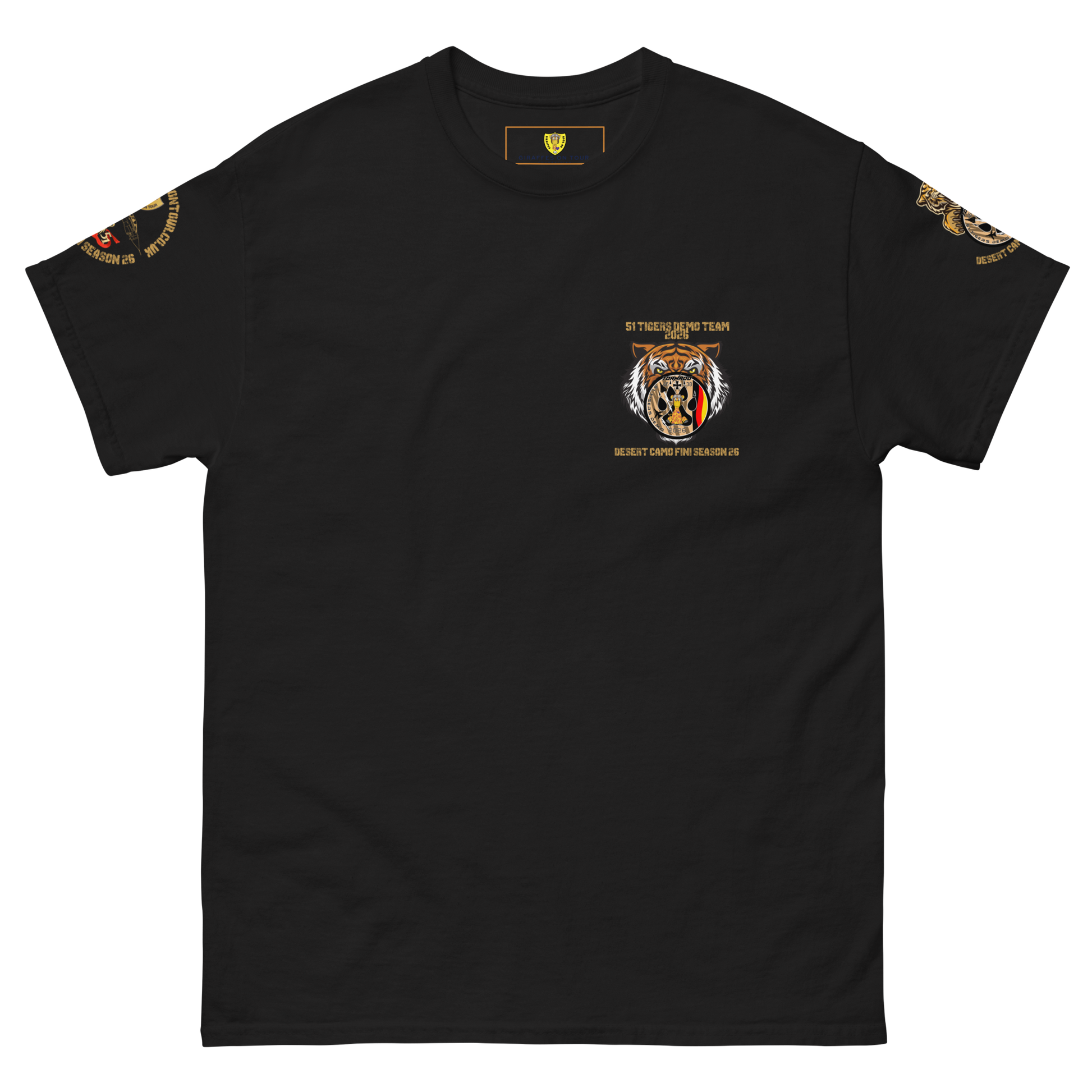 A black short-sleeve crewneck t-shirt with a detailed 51 Desert patch tiger graphic on the left chest and gold military-style patches on both sleeves, displayed on a solid white background.