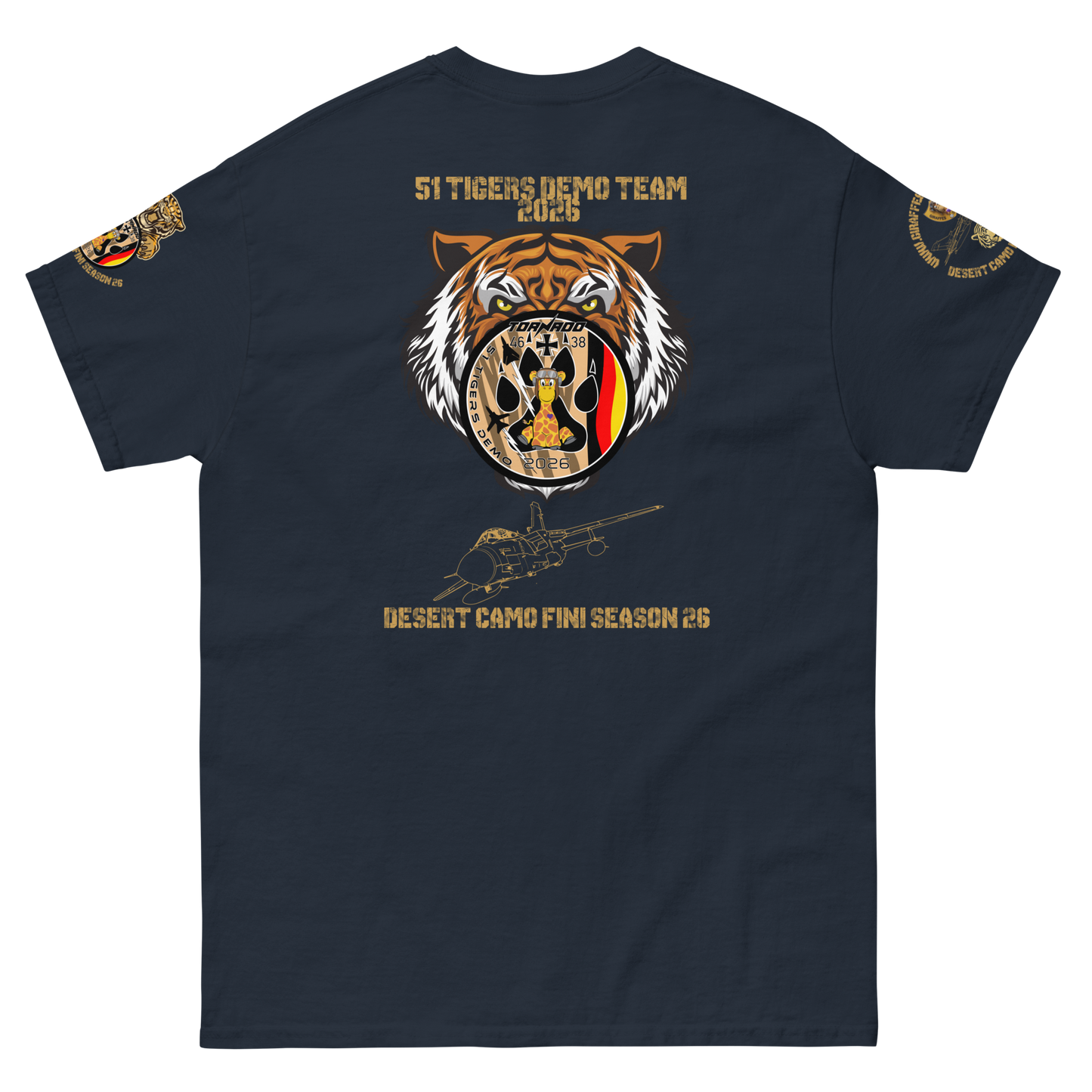 A navy short-sleeve crewneck t-shirt with a detailed 51 Desert patch tiger graphic on the left chest and gold military-style patches on both sleeves, displayed on a solid white background.