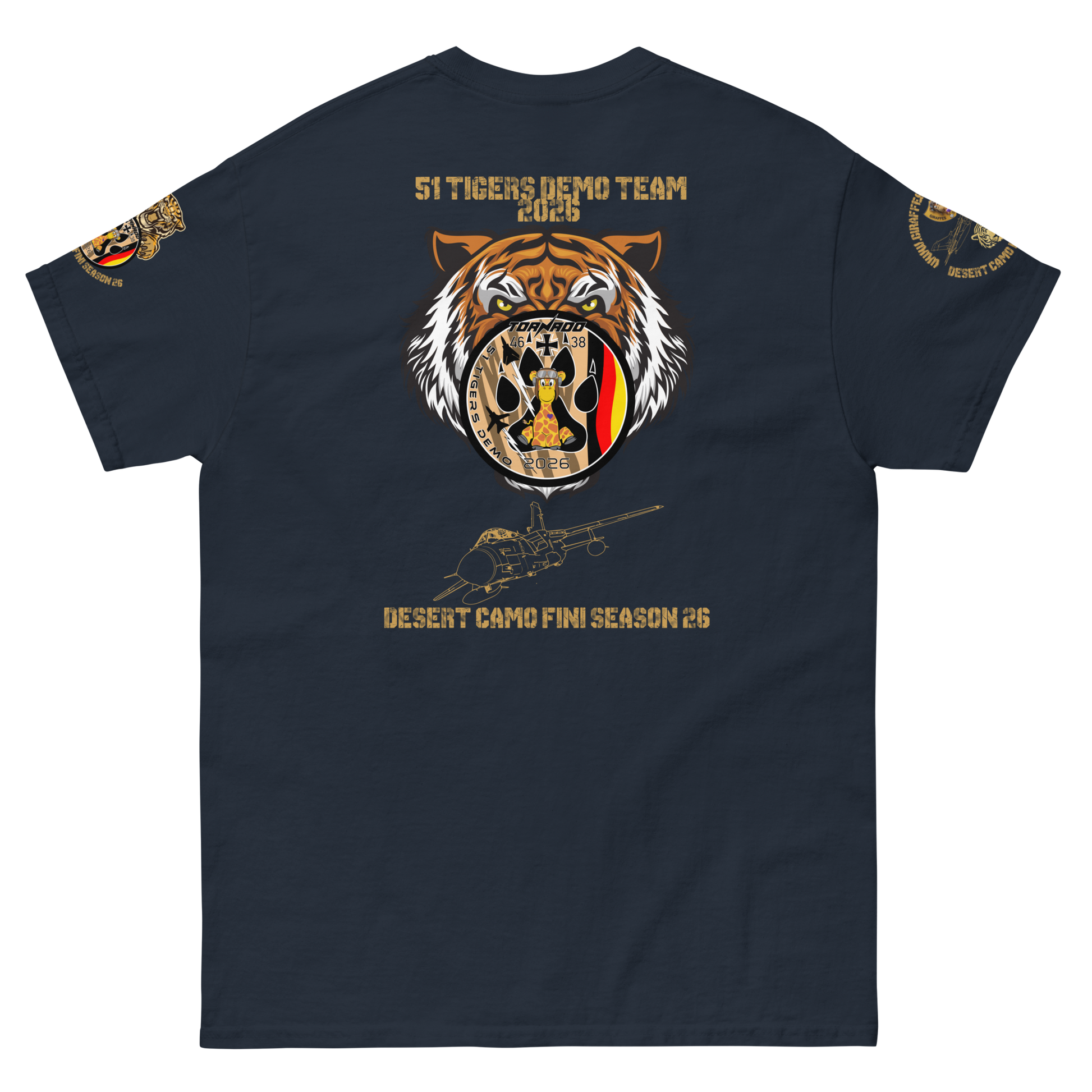 A navy short-sleeve crewneck t-shirt with a detailed 51 Desert patch tiger graphic on the left chest and gold military-style patches on both sleeves, displayed on a solid white background.